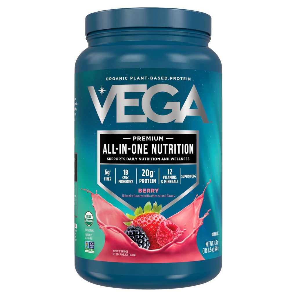 Vega All in One Nutrition Organic - 20g Plant - Based Pea Protein, Berry, 20 Servings, Vitamin A & C, Propines, Greens, Vegan, Keto, Gluten Free, 24.3oz (Packaging May Vary)