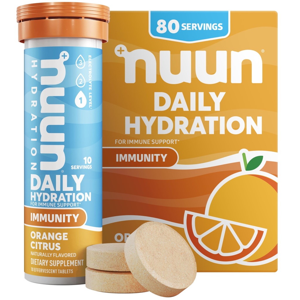Nuun Imunity Electrolite Tablet dengan Vitamin D, C, E, & A, Ginger, Elderberry, Magnesium & 4 Electrolite lainnya, Vegan, Orange Citrus, 8 Pack (80 Servings Total)