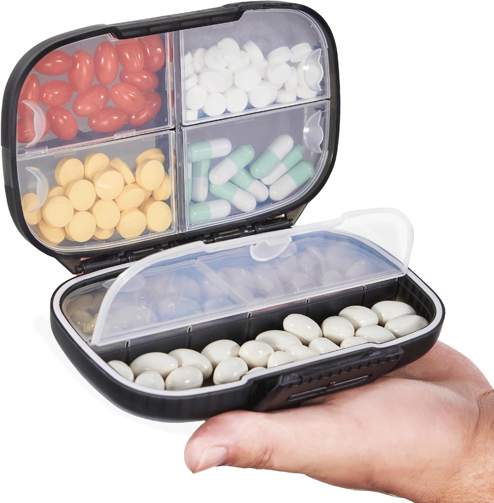 Sukuos Travel Pill Organizer Weekly with Double Lock, Portabel Pill Box with Large 7 Comment, Airtight Daily Medicine Case Container dengan Label for Vitamin / Fish Oils / Suplemen