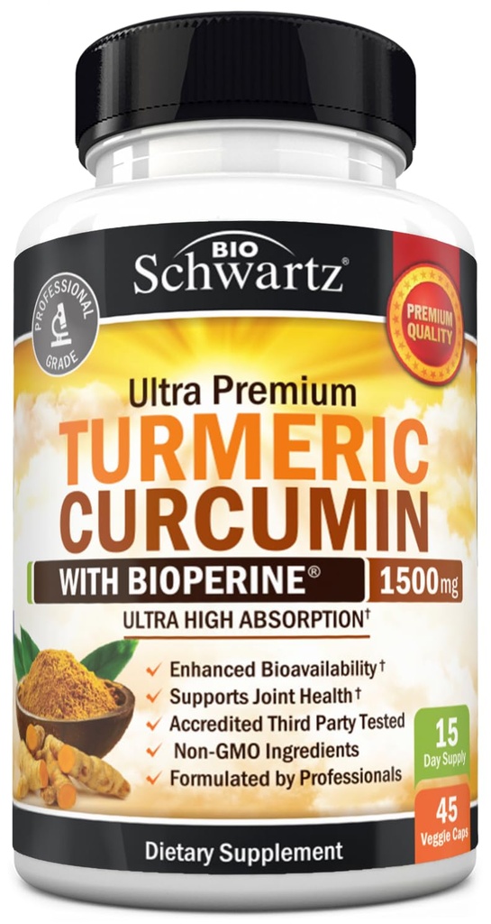Turmeric Curcumin dengan Black Pepper Extract 1500mg - Tinggi Absorpsi Ultra Power Turmeriic Suplemen dengan 95% Curcuminoid dan BioPerine - Non GMO Tumeric Capsules untuk Gabungan Dukungan - 45 Capsules
