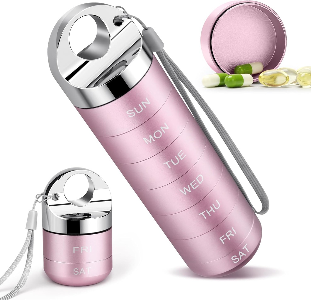 Metal Travel Pill Organizer, Portable Weekly Pill Box, Waterproof Large Aluminum Alloy 7 Day Vitamin Container, BPA Free Daily Medicine Organizer Hoder for Vitamin, Supplemen, Fish Oil (Cute Pink)