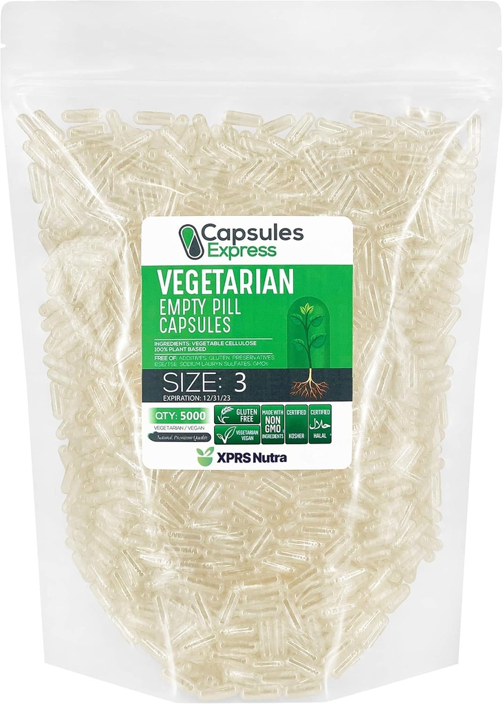 XPRS Nutra Ukuran 3 Kapsul Kosong - 5000 Cacah Katup Vegan Kosong - Vegetarian Pill Kosong - DIY Kasule Filling - Tegas Pill Caps