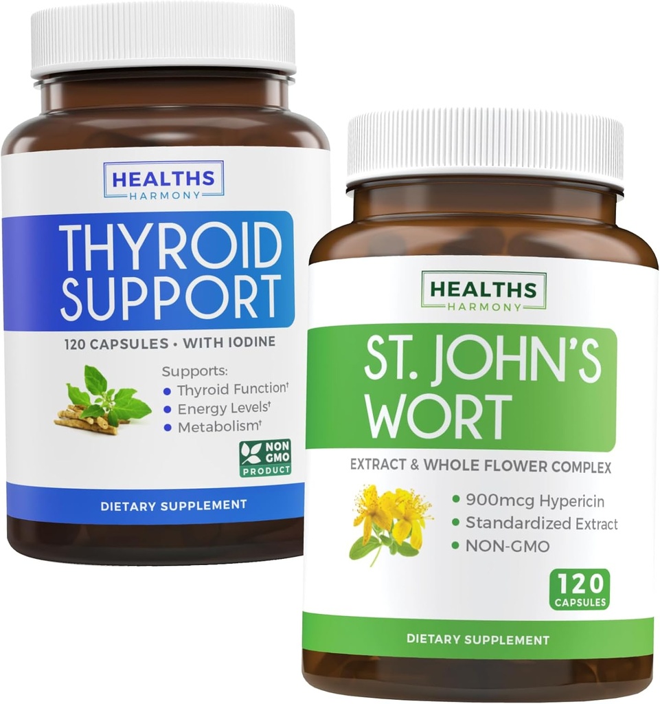 Bundle of St. John 's Welt & Thyroid Support - Mood Boost & Saldo Bundle - St. John' s Wort (Non-GMO) dengan kekuatan 900mcg Hypericin Extract & Thyroid Dukungan dengan Iodin for Energy Improfession