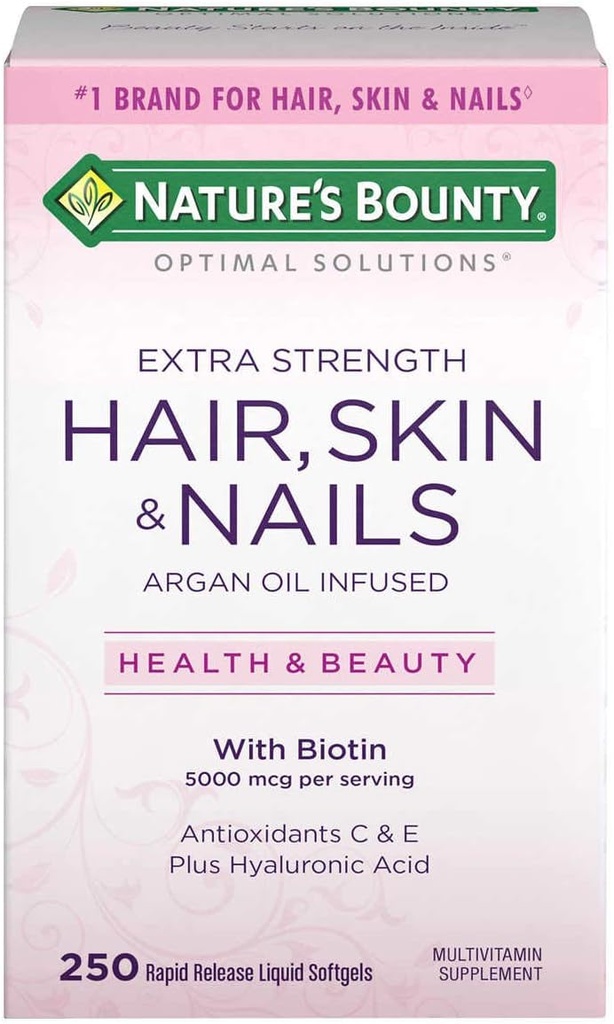 Nature 's Bounty Skin and Nails 5000 mcg of Biotin - 250 Tablets Coated Reguler & Extra Kekuatan, Dua Botol masing-masing 250 Softgeels)