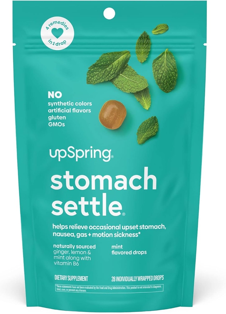 UpSpring Stomach Settles Drops for Occational Nausea Relief / Upset Stomach with Ginger, Lemon, Spearmint, dan B6. Mint Flavor Drops, 28 Ct (Packaging May Vary)