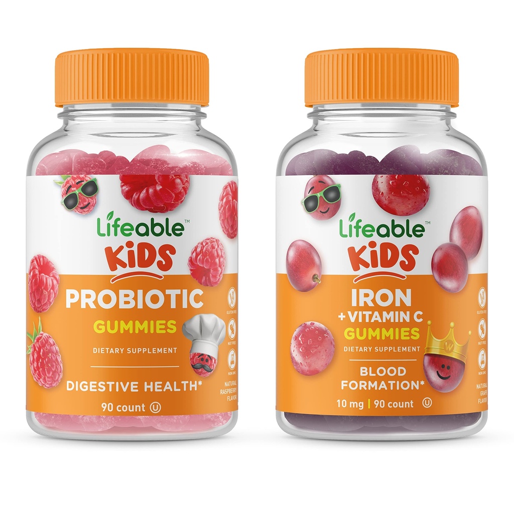 Probiotik Lifeable 2 Miliar CFU Kids + Iron & Vitamin C Kids, Gummies Bundle - Tasting Besar, Tambahan Vitamin, Gluten Bebas, GMO Bebas, Gummy Chewable