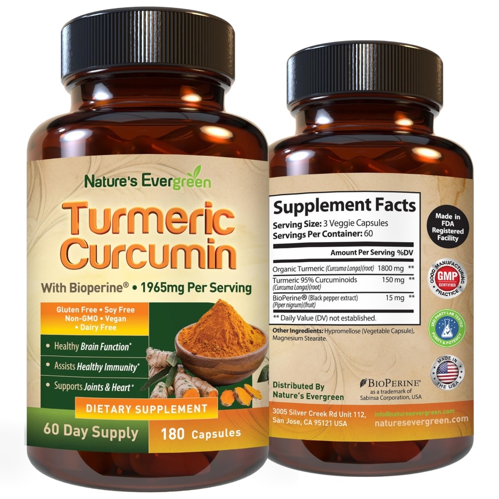 Turmeric Curcumin dengan Black Pepper Extract (Bioperine) & Organic Turmeric Vegan Complement. Ekstrak 95% Curcuminoids 1965mg Tambahan untuk Joints Sehat & Imune Dukungan. 180 Kapsul