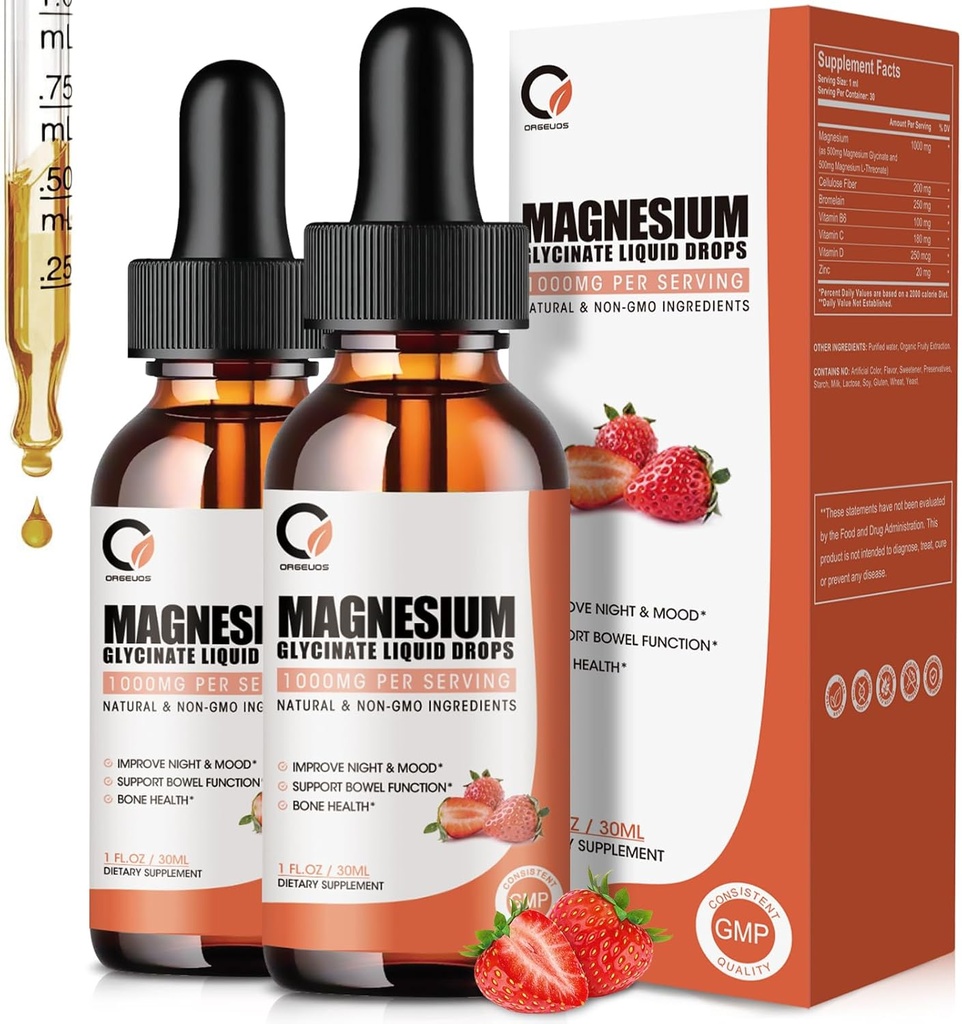 Magnesium Glycinate Liquid Drops, 1000 mg Liquid Magnesium Suplemen dengan Bromelain, Vitamin B6 C D, Absorpsi Tinggi Magnesium Kompleks untuk Malam, Otot & Energi Dukungan, 1 Fl Oz (Paket 2)
