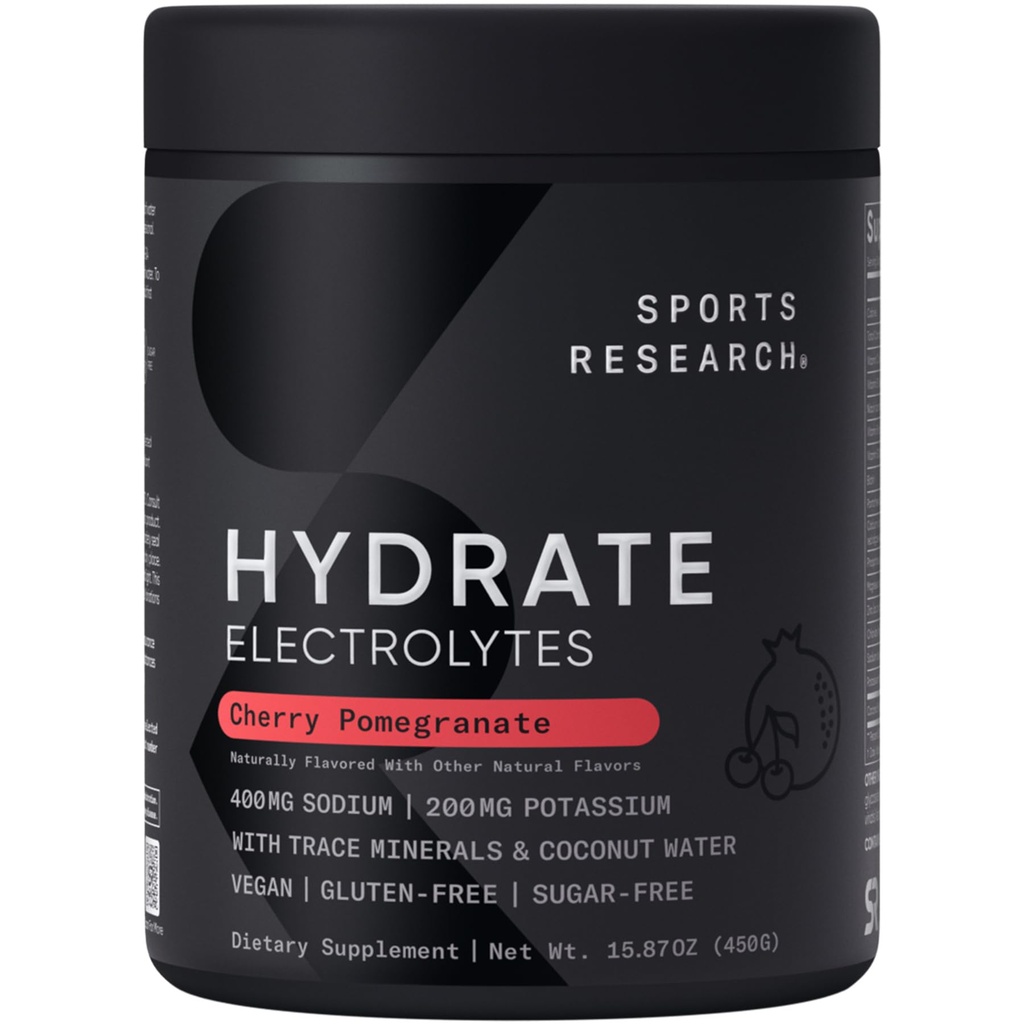 Penelitian Olahraga ® Hydrate Electrolite Powder - Sugar-Free & Alamy Flavored with Vitamin, Mineral, and Coconut Water - Supports Hidration - Cherry Pocaciate - 90 Servings