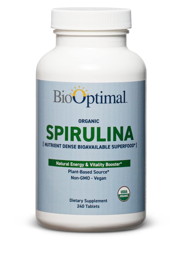 BioOptimal Organic Spirulina Tablet - Organik, Non- GMO, No Addonist or Fillers - 500mg Premium Quality Dieter Tambahan dengan Vitamin, Mineral, & Antioksidants (240 Tablet)