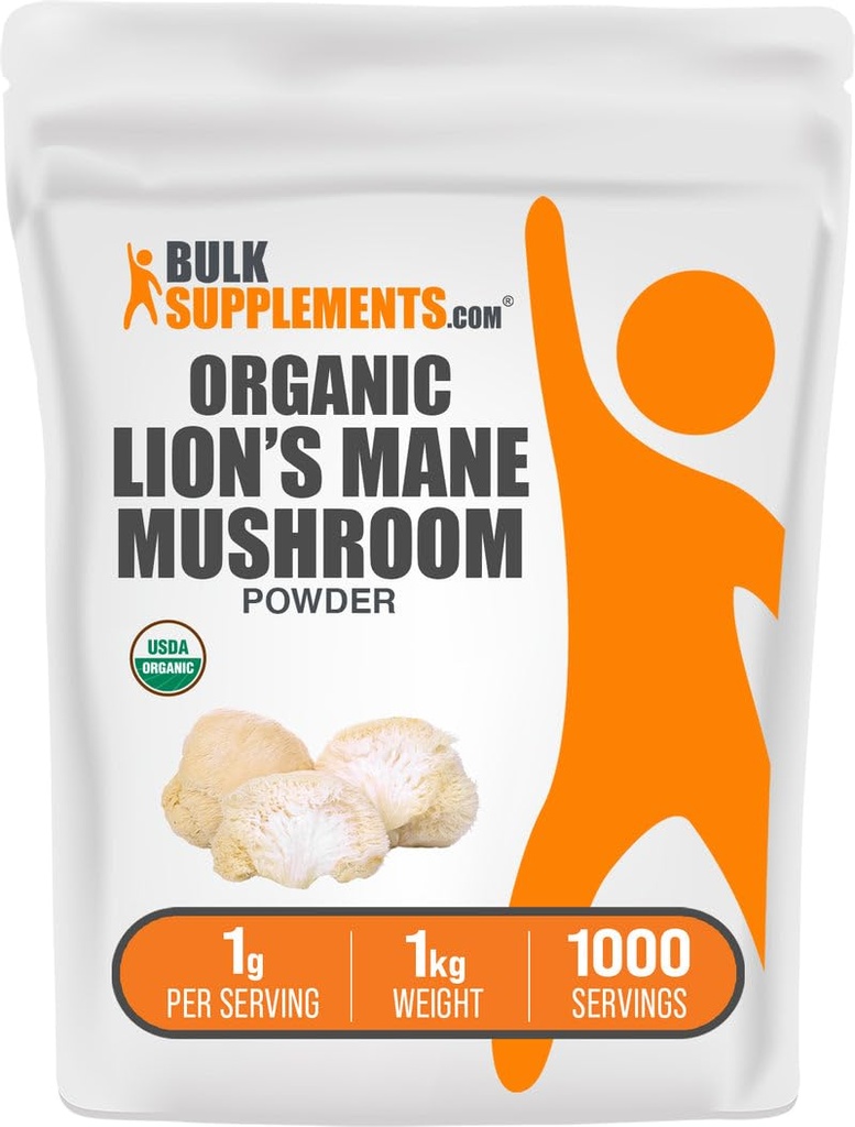 BulkSuppliments.com Organic Lions Mane Mushroom Powder - Lions Mane Powder, Mushroom Suplemen - Vegan & Gluten Bebas, 1g per Serving, 1kg (2.2 pon) (Paket 1)