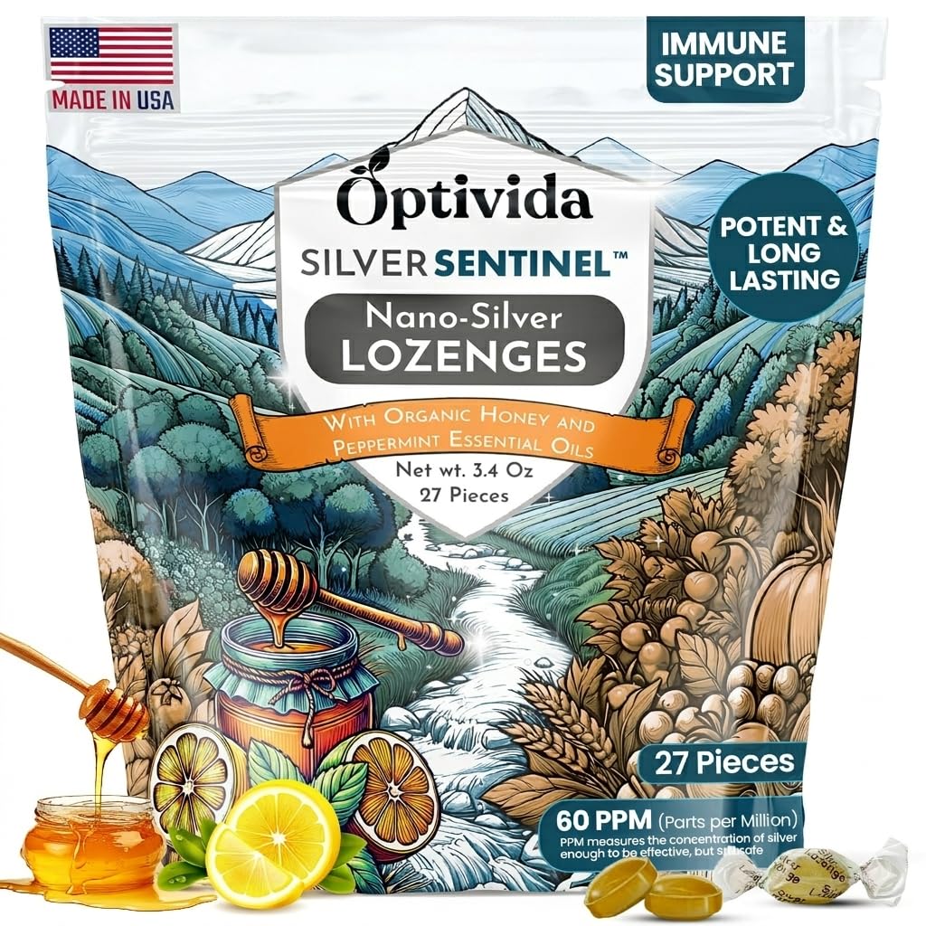 OPTIVIDA Health Colloidal Silver Lozenges with Honey & Lemon Oil (1 Pail) - Sootite Sore Throat Lozenges for Dewasa with Cough Relief & Faust-Acting Nano Silver Formula for Immune Dure Dupport, 60 Ppm