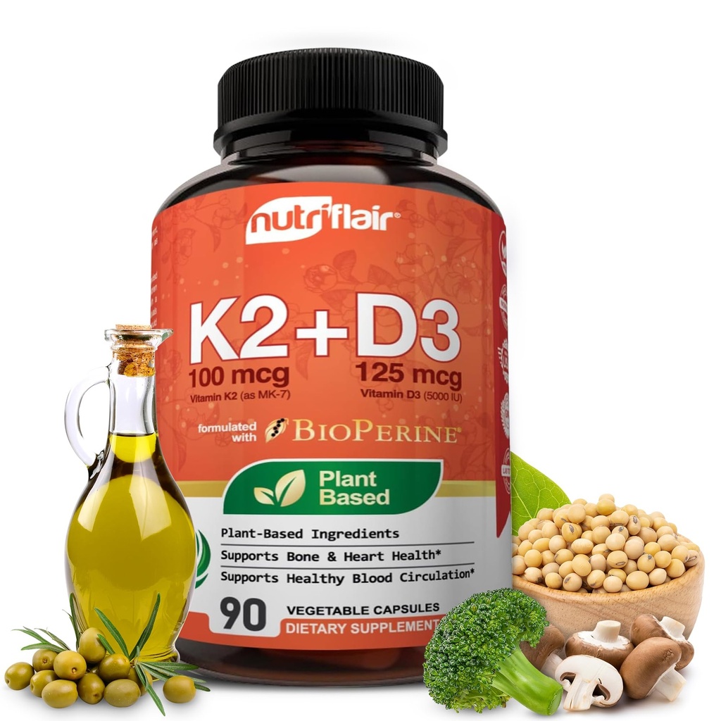 NutriFlair Vitamin D3 (5000iu / 125mcg) + K2 (sebagai Mk7) - Dibuat dengan tanaman - berbasis Ingredisasi Plus BioPerine Black Pepper Extract, 90 Kapsul - Mendukung Imune sehat, Hati dan Kesehatan - Non-GMO Pil