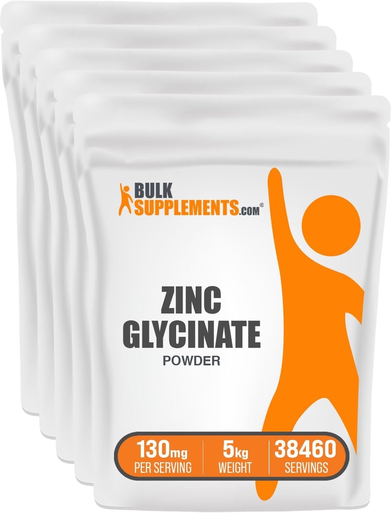 BulkSuplements.com Zinc Glycinate Powder - Zinc Suplemen, Suplemen Mineral untuk Dukungan Imune - Gluten Bebas, 130mg per Serving, 5kg (11 Ibs) (Paket 5)