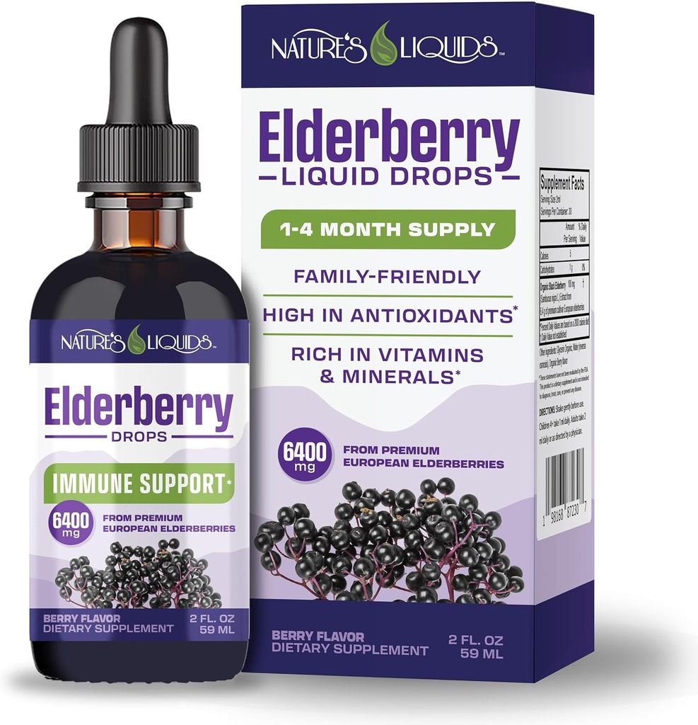 Nature 's Liquids Organic Elderberry Syrup Sugar Free 124; Ammune Support for Children and Adusts 14; 1 Serving Equals 60 Elderberry (2 Fl Oz)