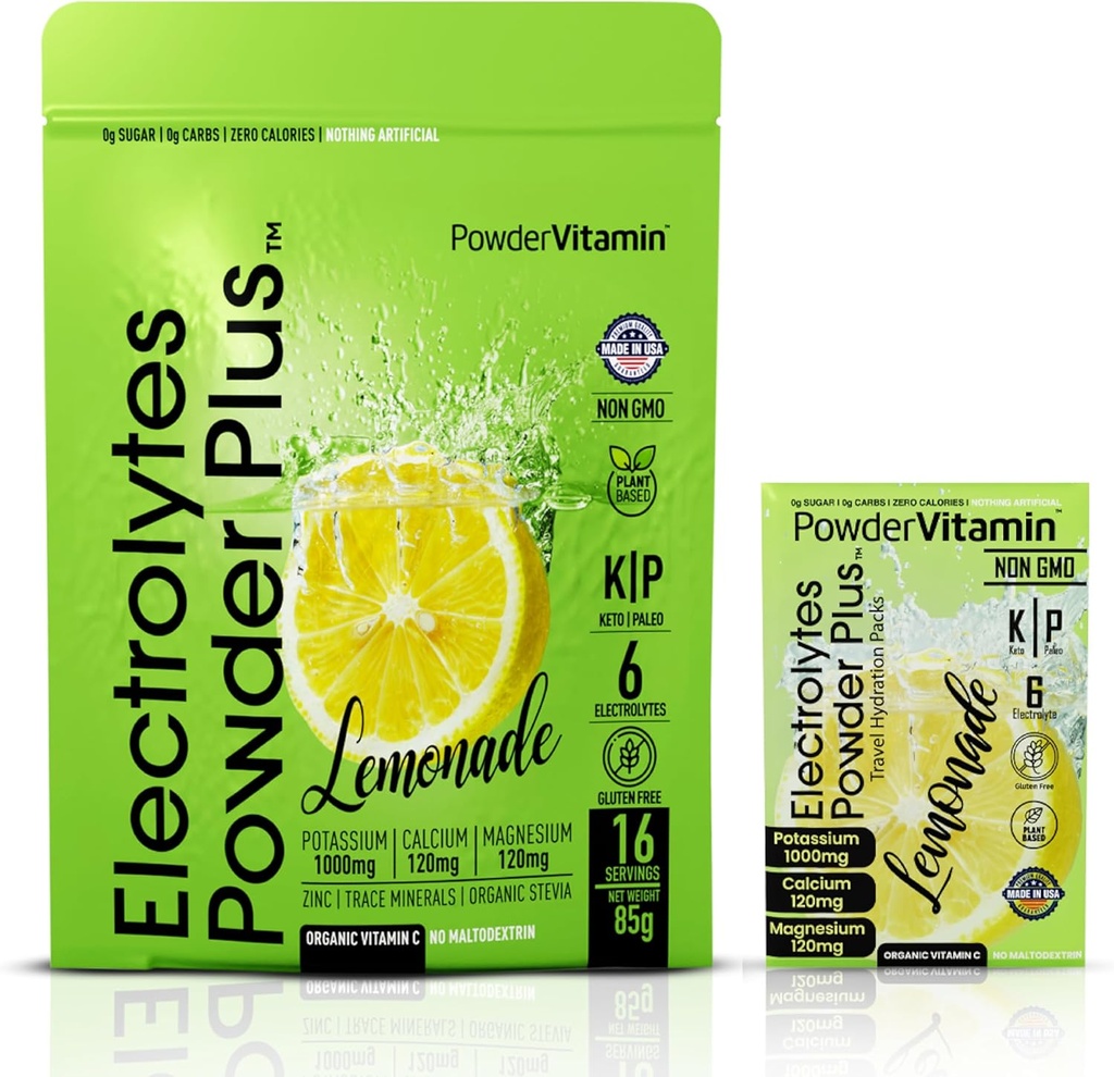 PowderVitamin Electrolytes Powder Plus, Keto, Lemonade, Sugar Free, Pink Himalaya Salt, 1000mg Potasium, 120mg Calcium, 120 mg Magnesium, Non-GMO, Zero Calories, (16 Paket Hidration)