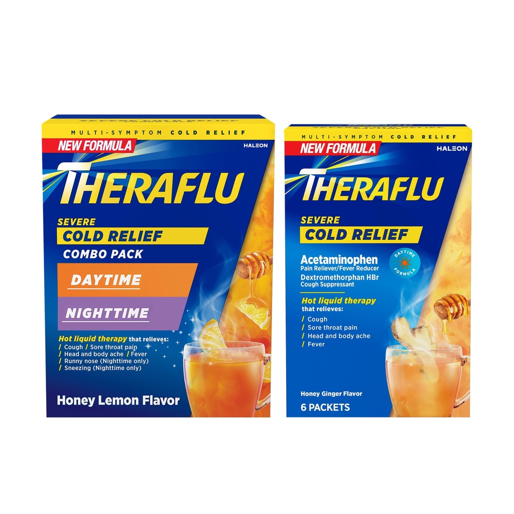 Theraflu Parah Cold Relief Hot Combo: 12ct Daytime / Nighttime Honey Lemon Flavor + 6ct Daytime Honey Ginger Flavor