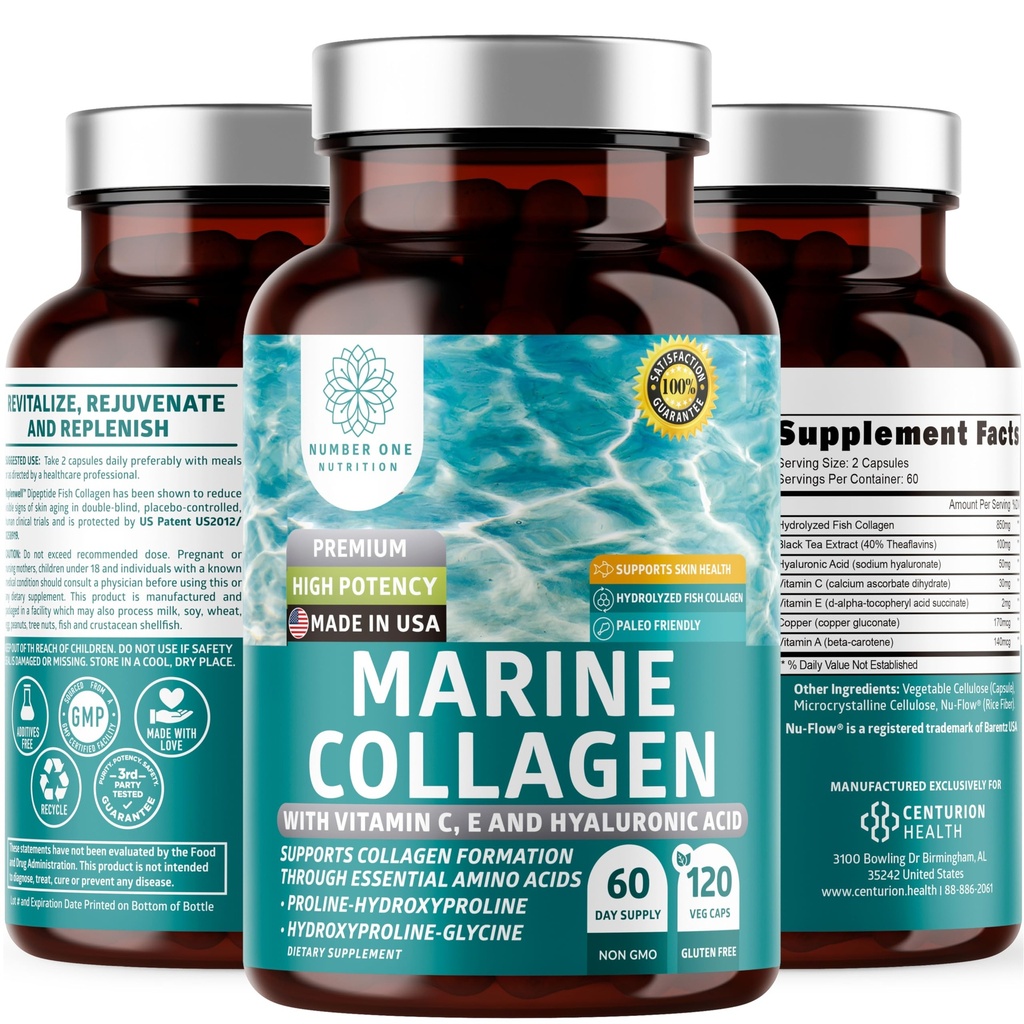 Premium Marine Collagen Dipeptides with Hyaluronic Acid, Vitamin C, Theaflavin and Copper, Collagen Suplement for Women and Men for Radiant Skin, Hair & Nails, Gluten Free and Nor-GMO, 120 Veg Caps