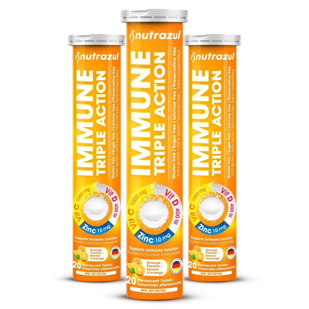 nutrazul Immune Triple Action Effervescent Tablet dengan Vitamin C 1000mg, Vitamin D, Zinc, Dukung Daily Routine, Gluten- Free, Sugar- Free, Lactoe- Free, Orange Flavor, 20 tablet, (Paket 3)
