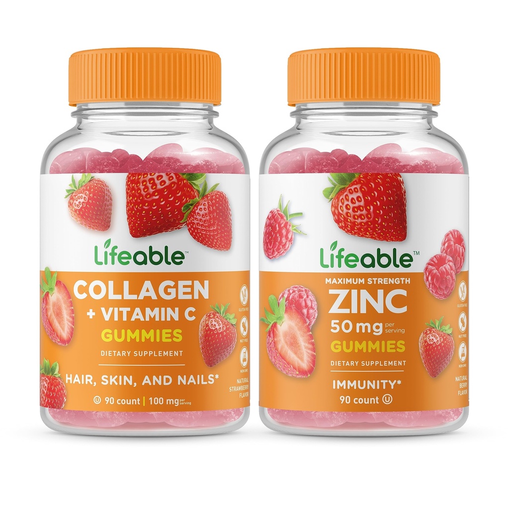 Lifeable Collagen & Vitamin C + Zinc 50mg, Gummies Bundle - Great Tasting, Vitamin Suplemen, Gluten Bebas, GMO Bebas, Gummy Chewable