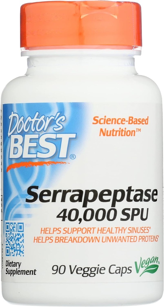 Doctors Best Serrapeptase 40.000 SPU, Non- GMO, Vegan, 90 Veggie Capsule (Pack of 1)