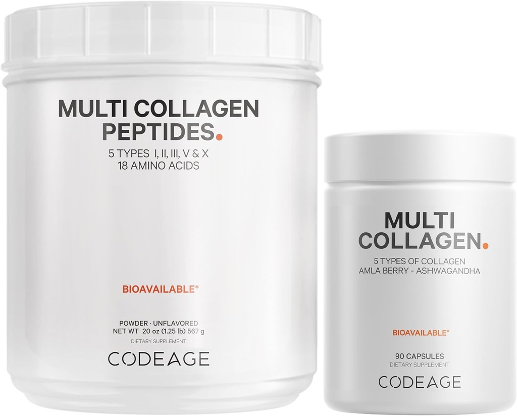 Kodeage Multi Collagen Protein Capsules & Multi Collagen Powder Bundle 124; Multi Collagen Pills, Collagen Types I, II, V & X, 90 Count 124; Multi Collagen Peptides - Murni, Hydrolyzed, 20 oz