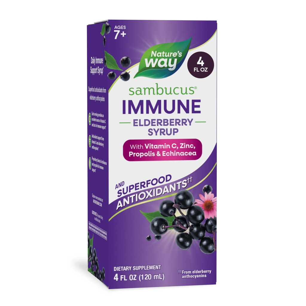 Nature 's Way Sambucus Elderberry Immune Syrup, Elderberry ekstrak Vitamin C dan Zinc dengan Propolis & Echinacea untuk Dukungan Imune *, Gluten Free, Vegetarian, 4 Fl Oz