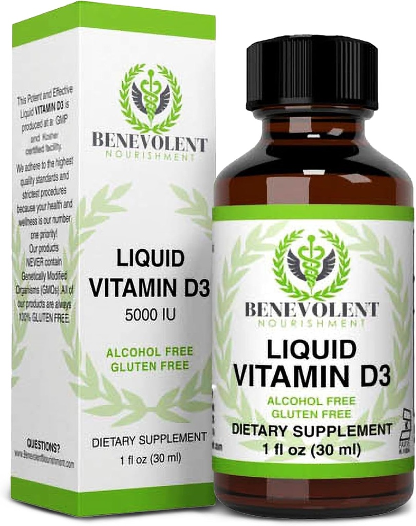 Pembenaran Benevolent Vitamin D3 Drops 5000 IU - Effective 1000 IU per Drop - Fast Absorbing Liquid Dieter Suplemen - 100% Alkohol & Gluten Bebas