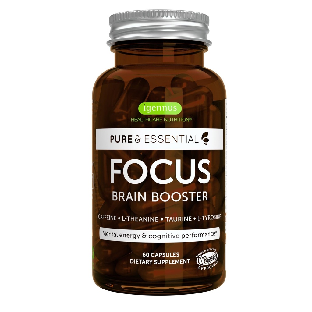 Igennus Focus - Nootropic dengan 200mg Natural Caffeine, Methylated B Vitamin, L-Theanine, Taurine, L-Tyrosine, Clean Energy, Brain Booster & Cognitive Performance, Non Jittery, 60 Capsules