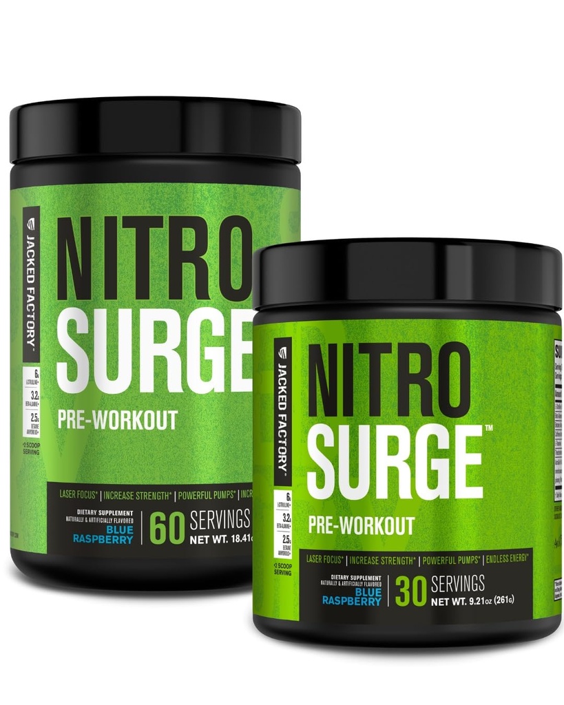 Jacked Factory NITROSURGE Pre Workout Supplement - Energy Booster, Instant Power Gains, Clear Focus & Intense Pumps - NO Booster & Powerful Pretraining Energy Quoder - 90, Blue Raspberry