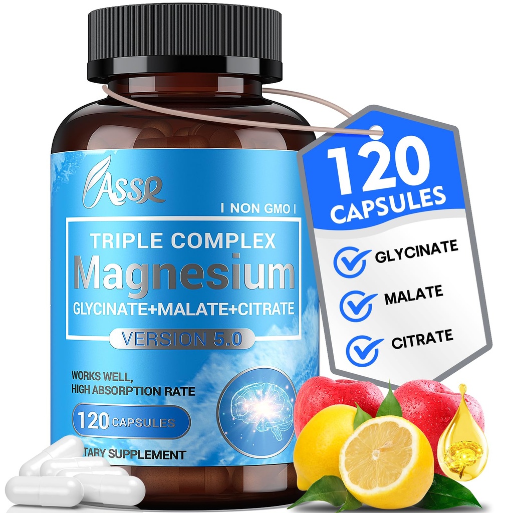 ASSR Triple Magnesium Complex - 300mg Magnesium Suplemen dengan Glycinate, Malate & Citrate - Supports Relax, Muscle & Nerve Fungsi - Absorpsi Tinggi, Vegan, Non-GMO, 120 Capsules