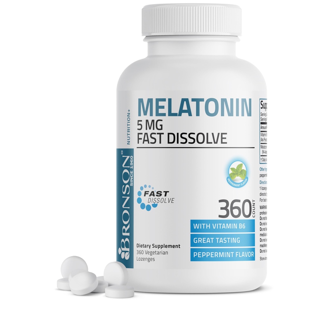 Bronson Melonatin 5mg Quast Dissolve Peppermint Tablets with Vitamin B6 - Promotes Relaxation, 360 Vegetarian Chewable Lozenges