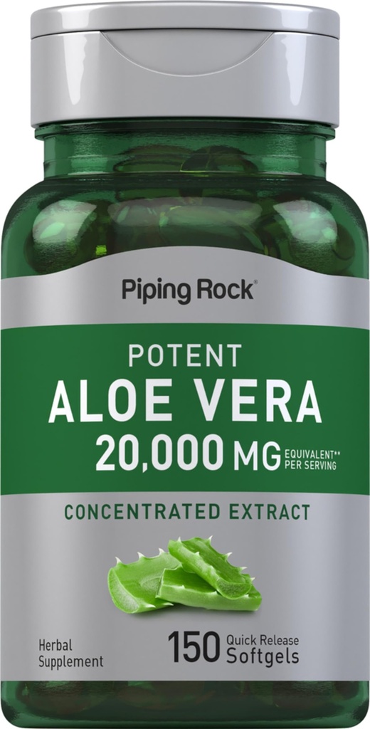 Piping Rock Aloe Vera Capsules 20000mg 124; 150 Softgels 124; Konsenttract Extract Suplement 126; Non-GMO, Gluten Free
