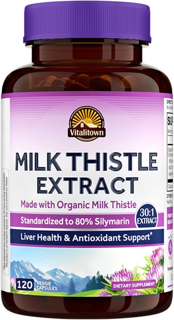 Vitalitown Organic Milk Thistle Antioksidant Dukungan, Detox & Cleansing, 120 Vegan Caps