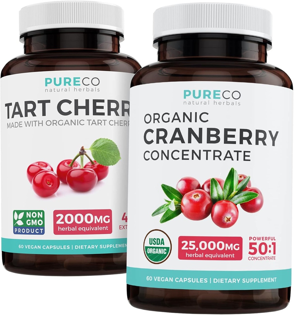 Bundle of Organic Cranberry Pills & Tart Cherry - Clear & Clear Bundle - Urinary Tract & Uric Acid - Organic Cranberry Pills - 50: 1 Konsentrat & Organic Taart Cherry Capsules - 4: 1 Ekstraksi