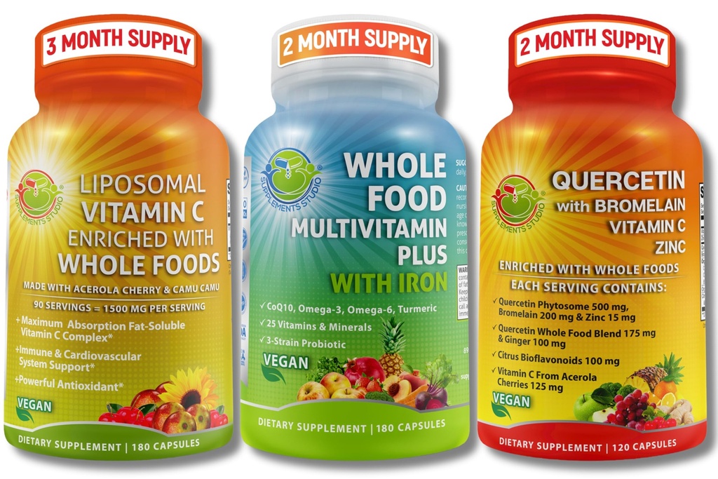 SUPLEMENTS STUMAN Ammune, Energy & Whole Body Apport Bundle - Vegan Whole Food Multivitamin dengan Iron + Lipomal Vitamin C 1500mg + Quercetin dengan Bromelain, Zinc, dan Vitamin C - Non-GMO