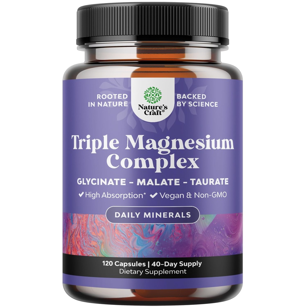Triple Magnesium Complex Suplemen - Tinggi Absorpsi Magnesium Glycinate, Malate & Tadrate Blend for Muscles, Dukungan Energi & Heart Health - Kompleks Triple Mg 400 mg Capsules - 120 Count