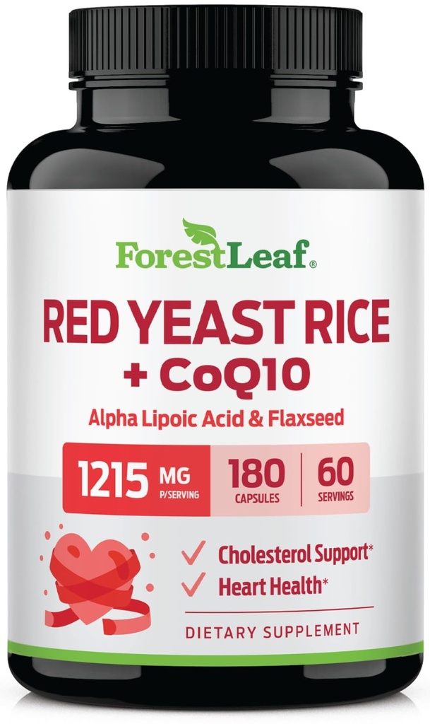 ForestLeaf Red Yeast Rice dengan CoQ10 Tambahan - 1215mg Ekstra Katup Rice Merah Yeast dengan Alpha Lipoic Acid & Organic Flaxseed, Citrinin Free - 180 Capsules