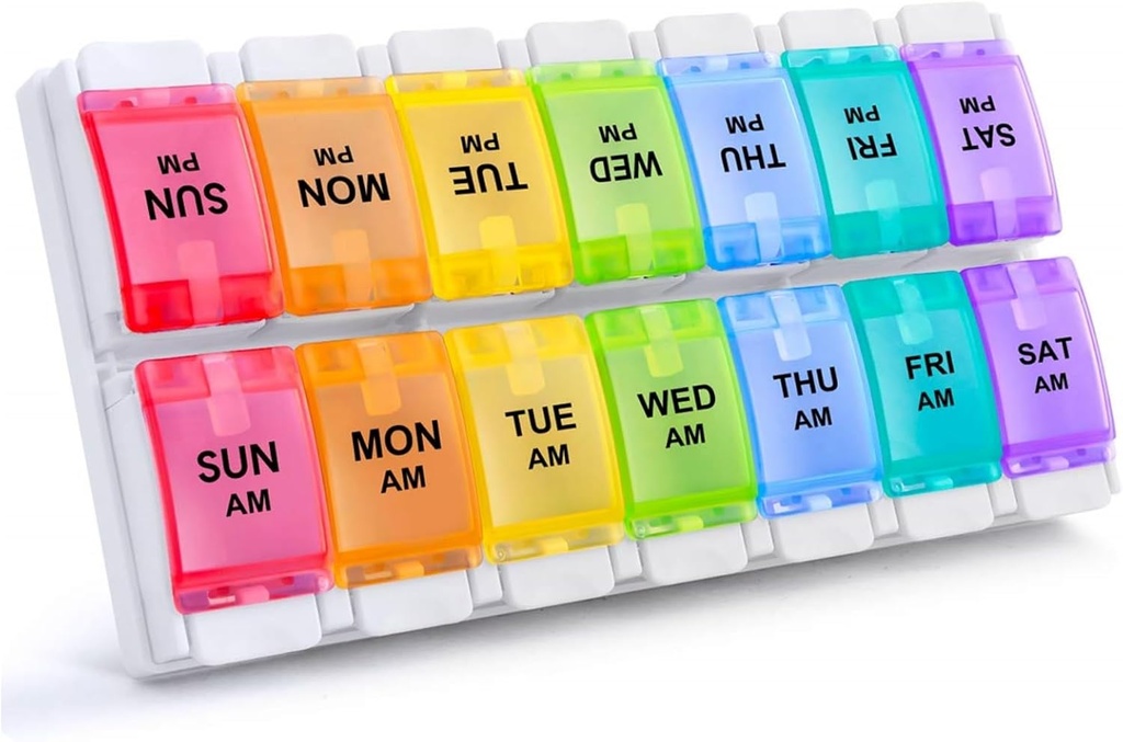 Sukuos AM PM Weekly Pill Organizer 2 Times A Day, Large Daily Pill Box Case 7 Day with Easy Push Button Design, Untacyble Medicine Hoder for Vitamin / Fish Oil / Suplemen (Rainbow)