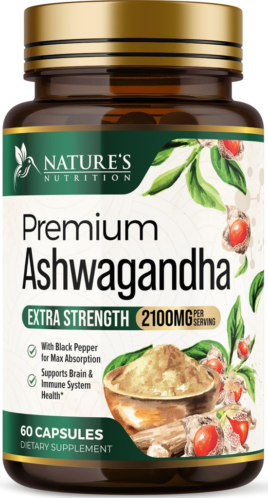 Suplemen Ashwagandha - 2100mg Ashwagandha Capsule untuk Perempuan & Pria, Dukungan Antioksidant Alam, Ekstra Root Ekstra Ekstra Dukungan Tenang dengan Pepper Hitam, Vegan & Gluten Bebas - 60 Capsules
