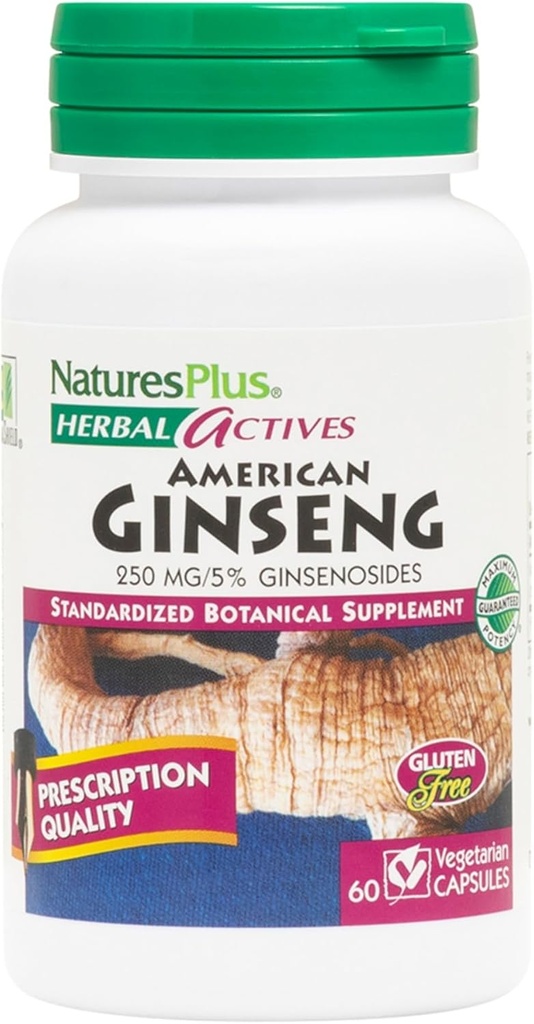 Natures Plus Herbal Actives American Ginseng - 250 mg, 5% Ginsenosides - 60 Vegan Capsules - Gluten- Free - 60