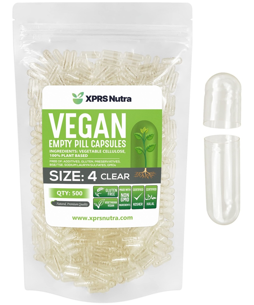 XPRS Nutra Ukuran 4 Kapsul Kosong - 500 Cacah Katup Vegan Kosong Kecil - DIY Consule Filling - Filable Do- It-Yourself Veggie Pill Caps untuk Suplemen