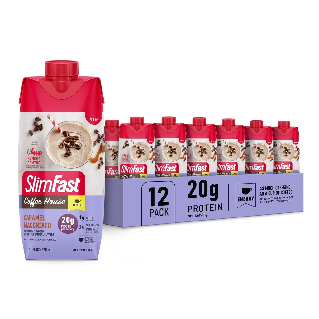 SlimFast Protein Shake dengan Caffeine, Caramel Macchiato- 20g Protein, Meal Replacement Shakes, High Protein dengan Low Carb and Low Sugar, 24 Vitamin and Mineces, 12 Count (Pack of 1)