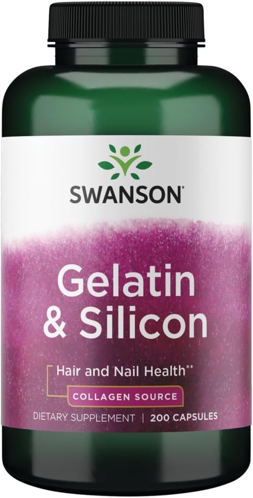 Swanson Gelatin dan Silicon - Collagen Protein Mendukung Rambut sehat dan Nails - Membantu Memberikan Mineral Vital untuk Kuat Nails dan Rambut Tebal - 20mg Silikon dan 1.08 Grams Gelatin - (200 Capsules)