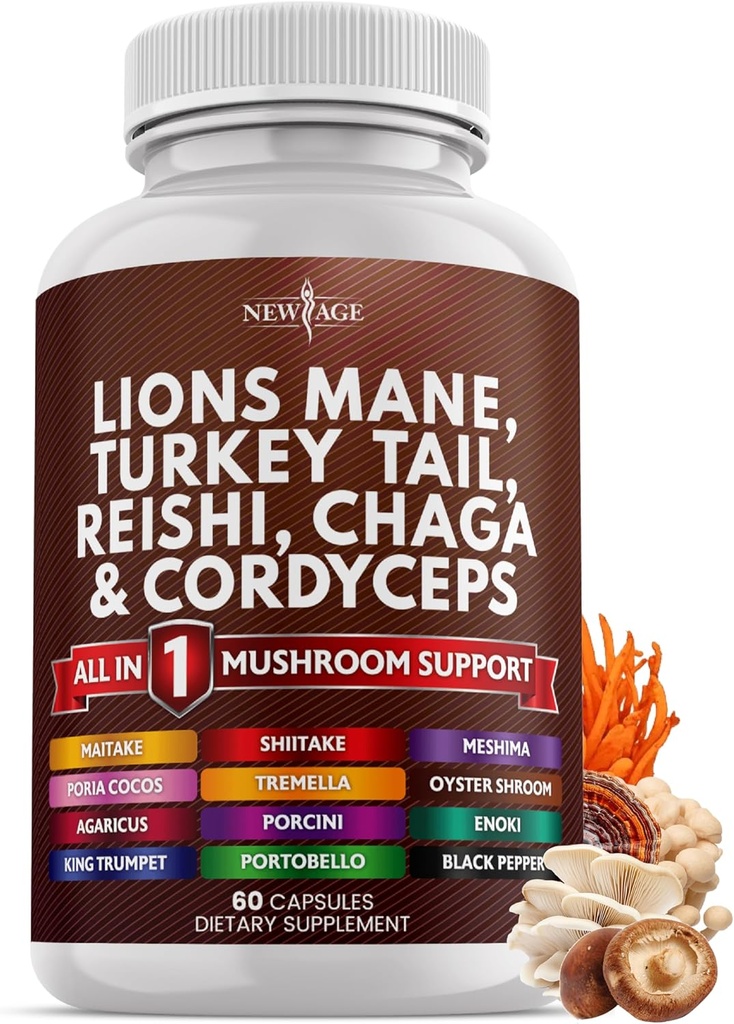 New Age Lions Mane Jamur Tambahan dengan Turkey Tail Reishi Cordyceps Chaga dengan Marshmallow Root