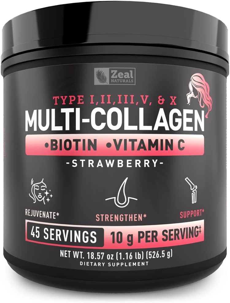 Premium Multi Collagen Peptides Protein Powder (1, 2, 3, 5, 10) dengan Vitamin C, Biotin, Acid Hyaluronic, untuk Rambut Skin dan Nails - Marinir, Bovine, Chicken & Eggshell (Strawberry, 45 Pelayan)