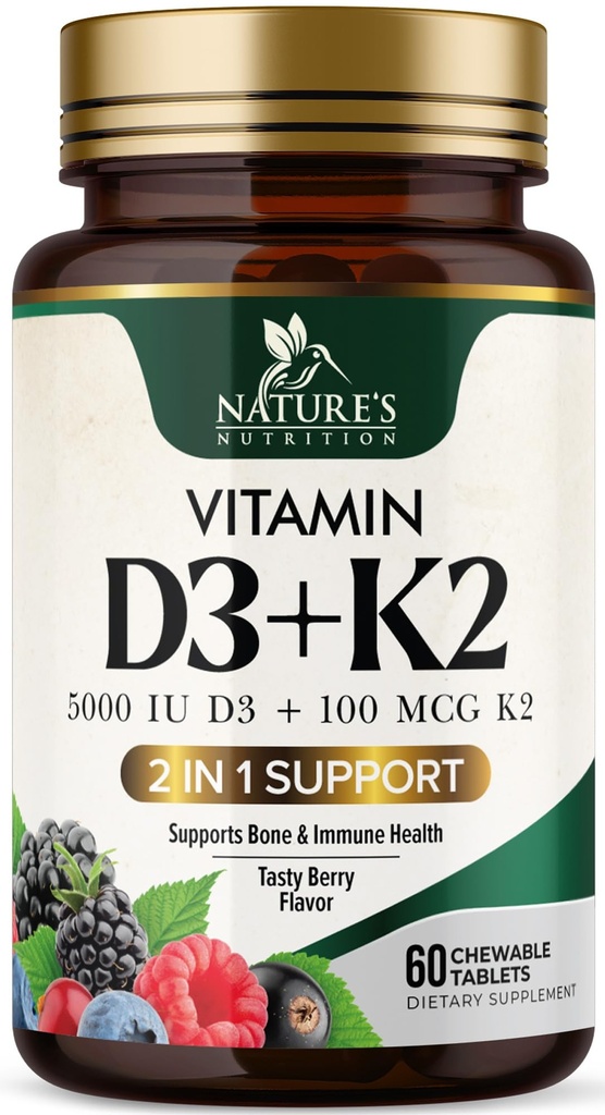 Vitamin D3 K2 Tambahan £124; 5000 IU D3 + K2 100 mcg 14; MK-7 K2 dengan Vitamin D 124; Mendukung Imune, Heart, Teeth & Bone Health - Alam Mudah untuk Chew, VIT D3 K2, Non-GMO, Tasty Berry Flavor - 60 tablet