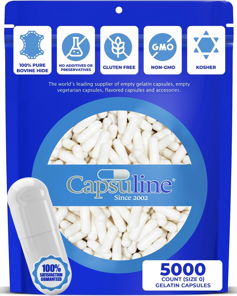 Ukuran Capsuline Warna 0 Kosong Gelatin Kasules White / White 5000 Count: 124; Diproduksi di Amerika Utara & Selatan 124; Kosher & Halal Certified 124; Gluten Bebas
