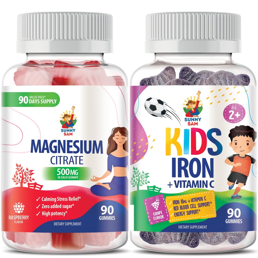 SUNNY SAM Iron Gummies for Kids & Adules & Magnesium Gummies for Dewasa - 500mg - Calm Magnesium Chews - Magnesium Citrate Chewable Suppppport Mood & Muscle. Besi Vitamin dengan Vitamin C.