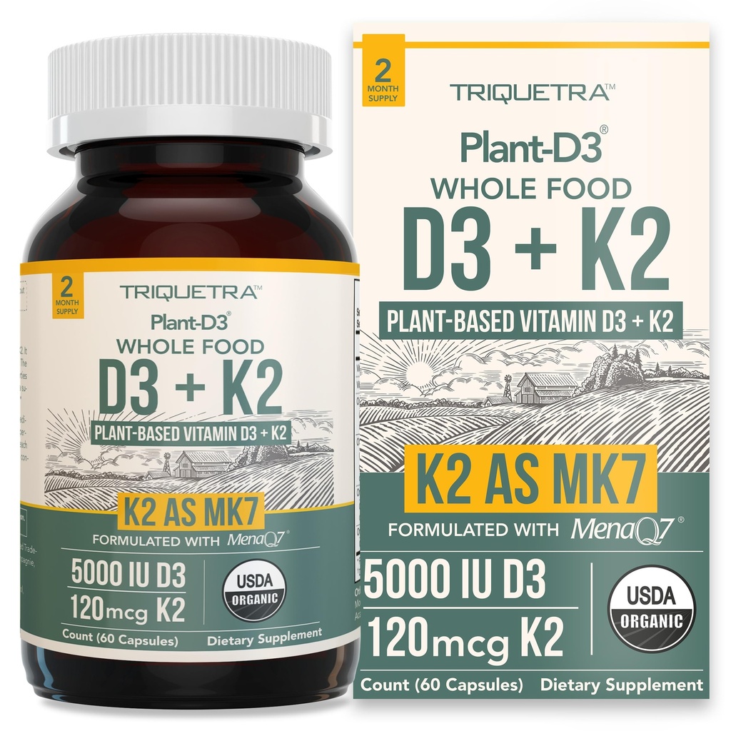 Tanaman Organik D3 + K2 = 124; 5000 iu D3 + 120 mcg K2 sebagai All- Trans MK7 dari MenaQ7 ® - 100% Whole Food, Raw & Vegan & Vegan 124; Enhanced Divalry dengan Prebiotic & Superfood Complex - D3 dari Alga (60 Count)